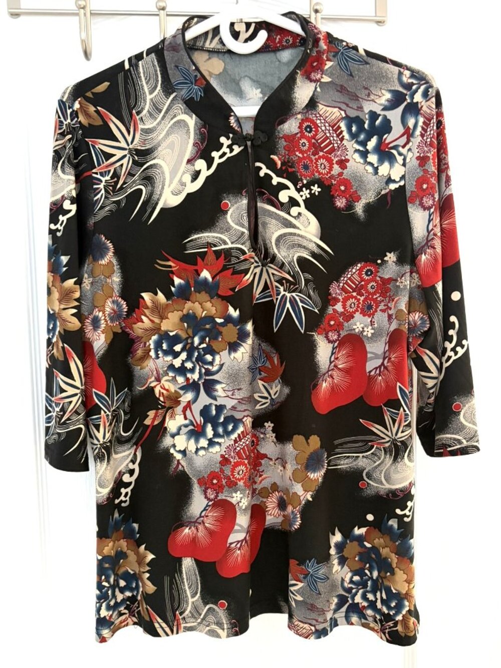 Black Asian Inspired Mandarin Collar 3/4 Sleeve Blouse Size L